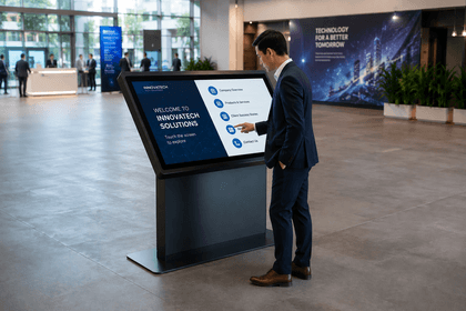 Person using a modern interactive touchscreen kiosk in a clean commercial environment.