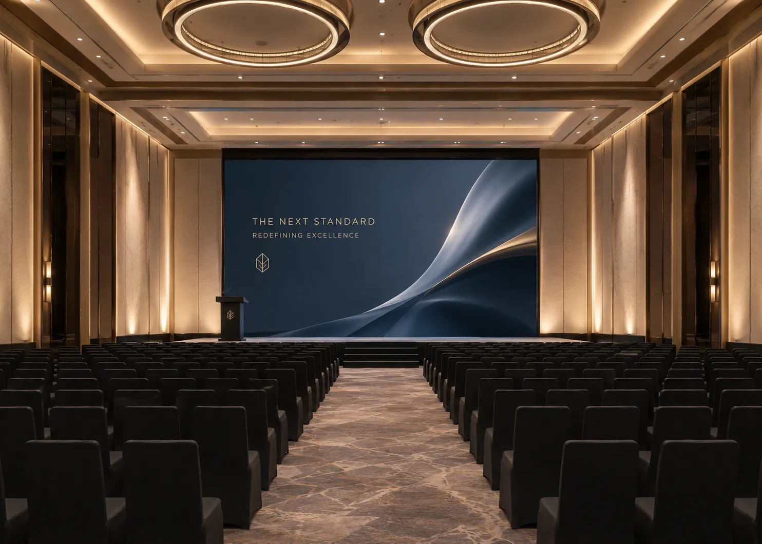 Premium corporate event hall with a large LED display screen ideal for product launches and conferences.