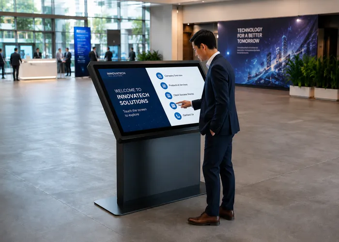 Man interacting with a touchscreen information kiosk in a corporate lobby