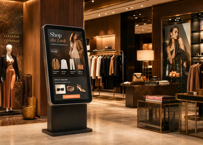 Interactive touch kiosk in a luxury fashion boutique