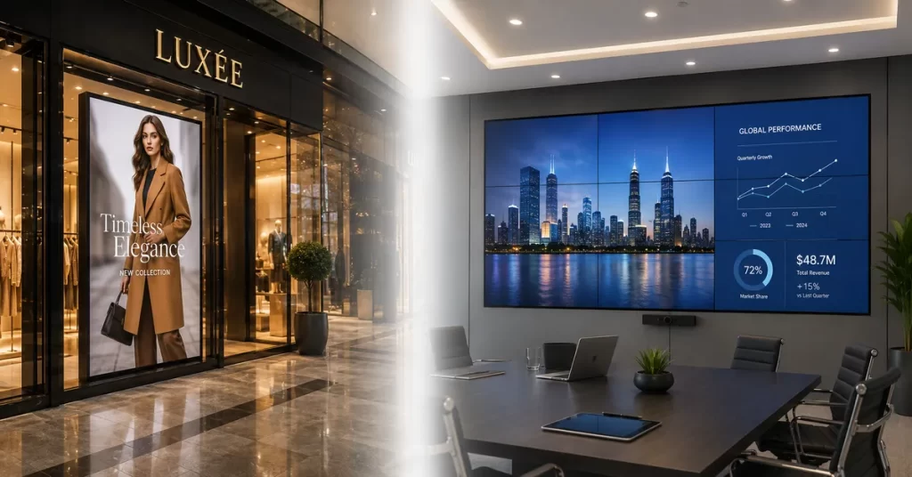 Split-screen showing an LED display in a storefront, and a video wall in a meeting room.