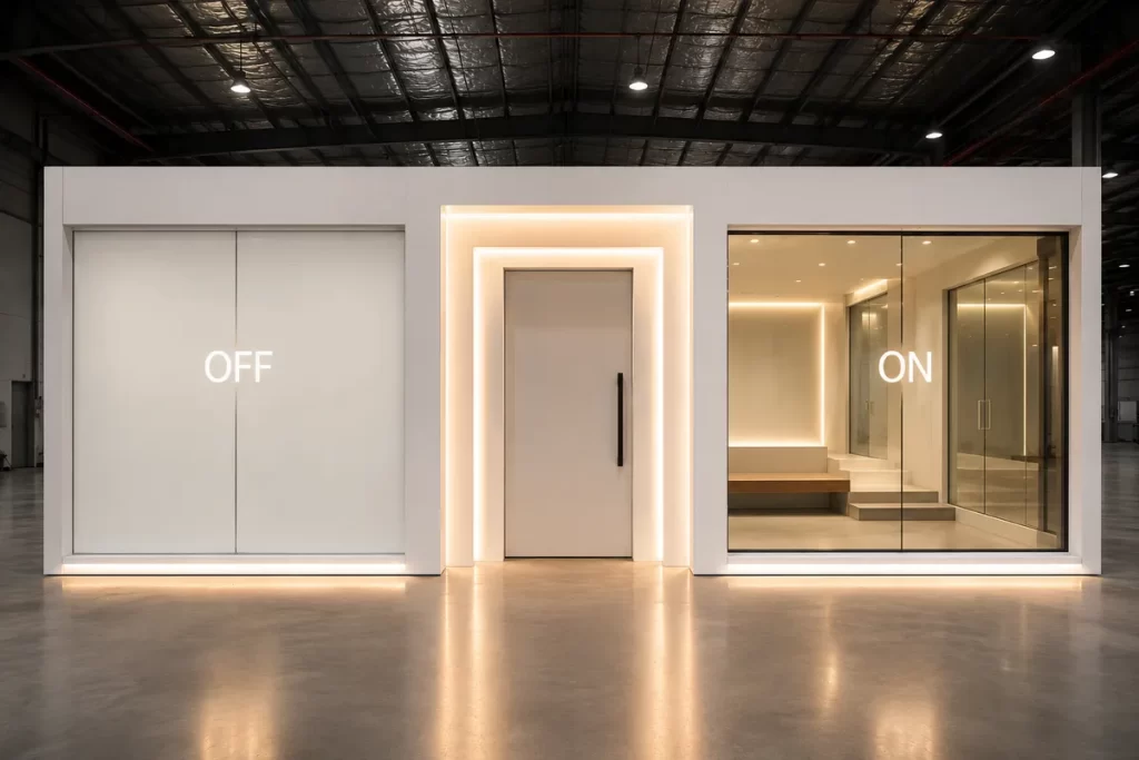 Smart film glass shown in OFF mode as frosted white for privacy and in ON mode as clear see-through glass.