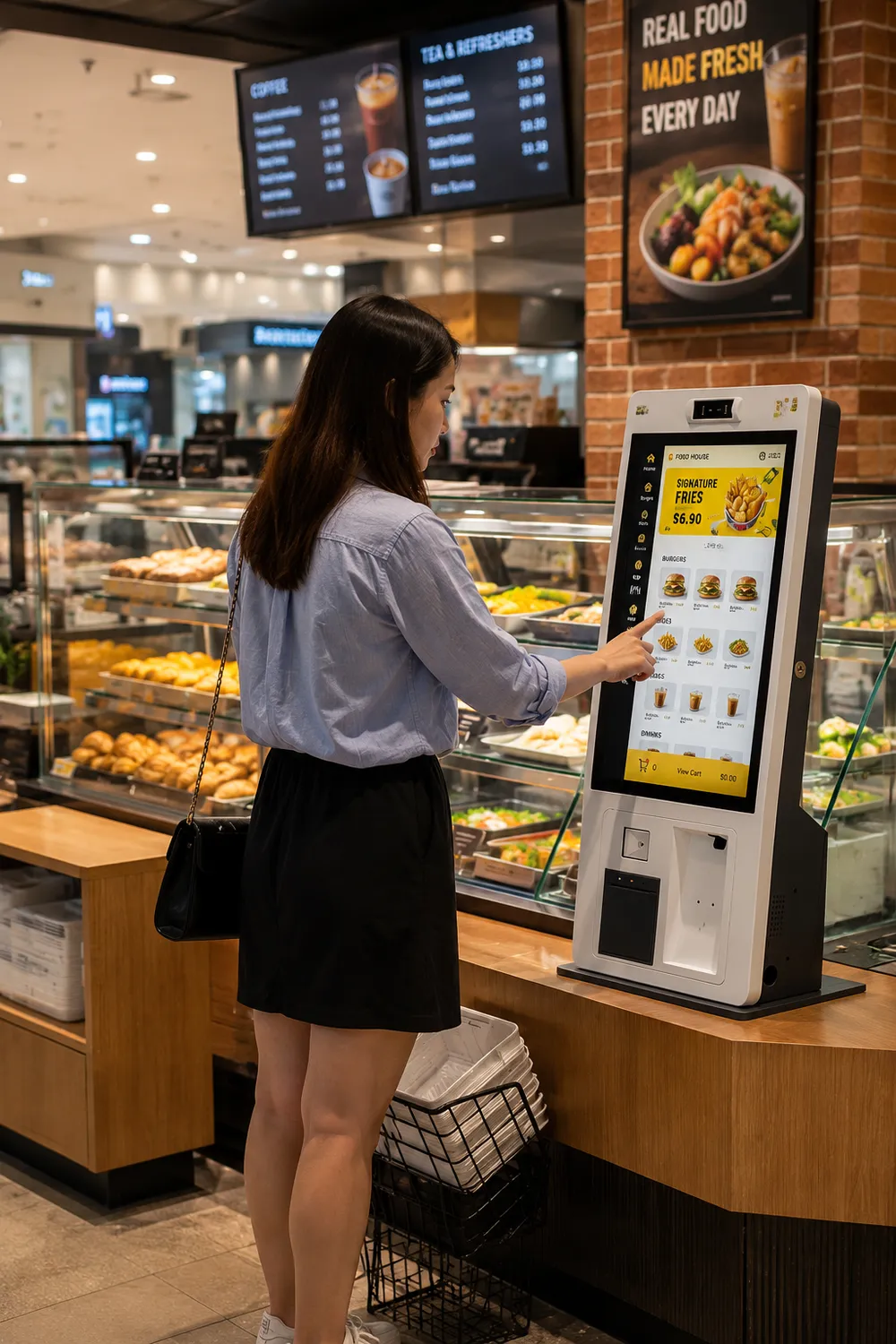 Woman using a touchscreen self-order kiosk at a bakery counter.